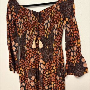 Smocked Off-Shoulder Floral Maxi Dress in Black and Orange